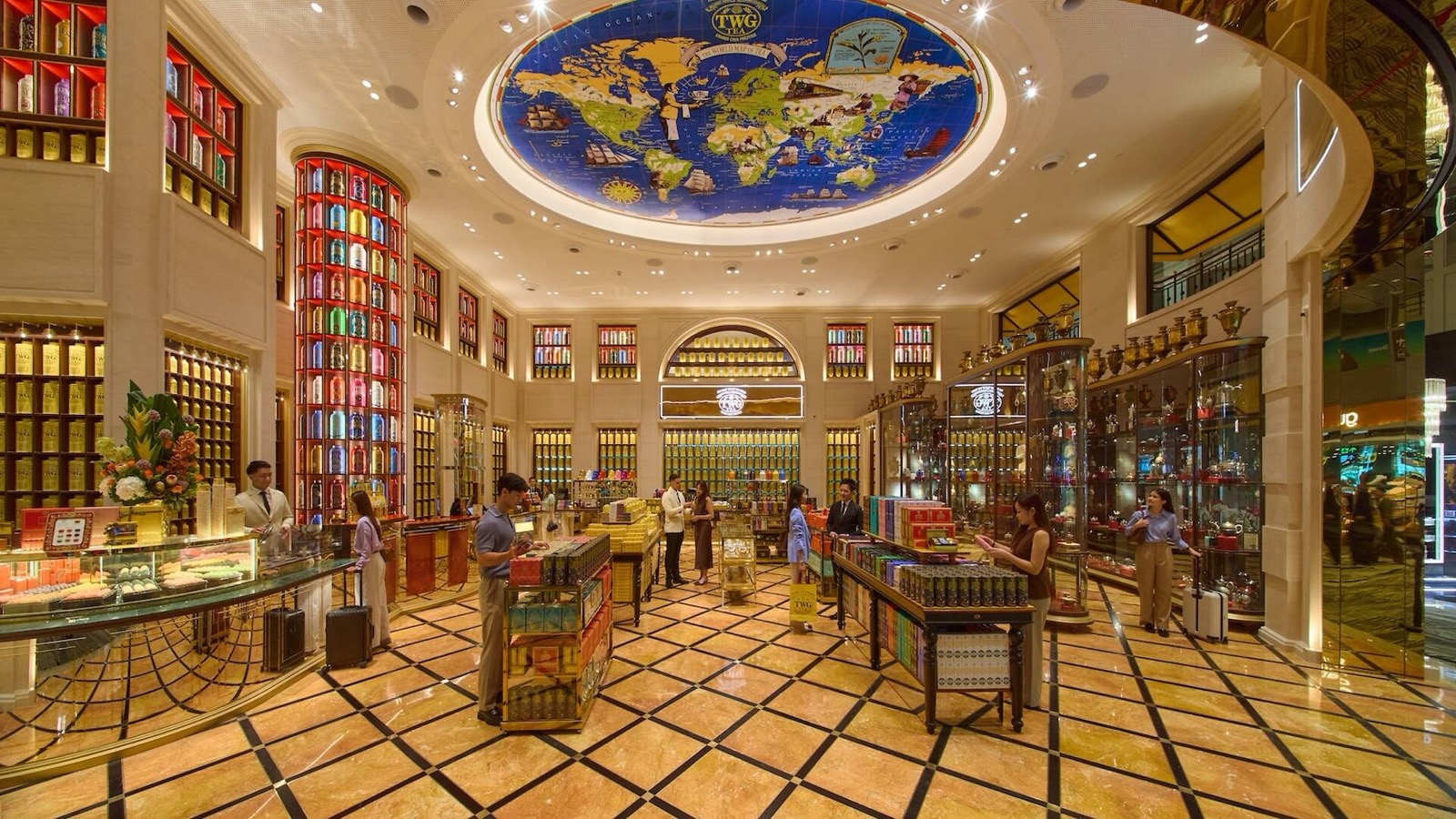 Antique teaware on display in the TWG Tea Museum at Changi Terminal 3